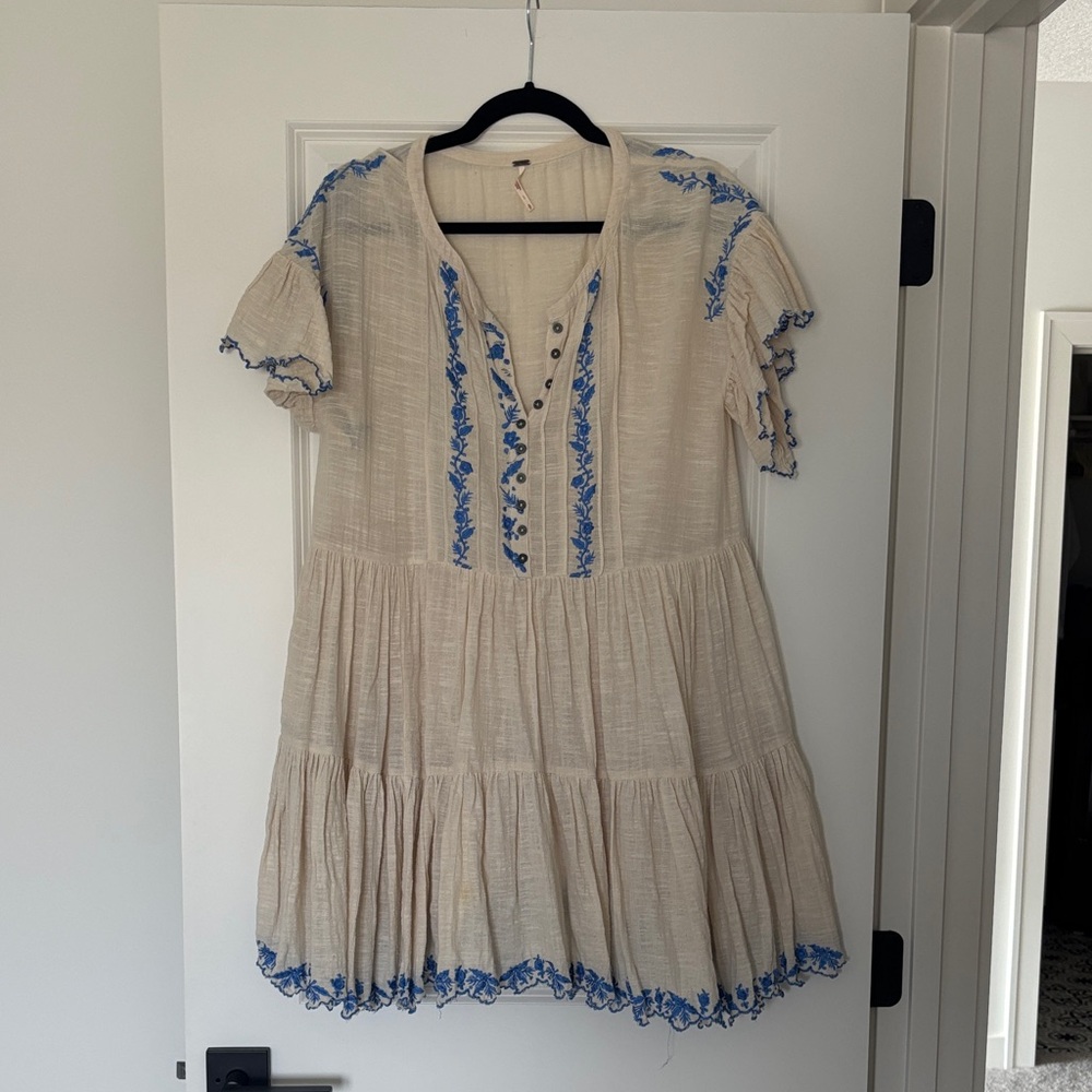 Free People Boho Tiered Mini Dress with Blue Floral Embroidery